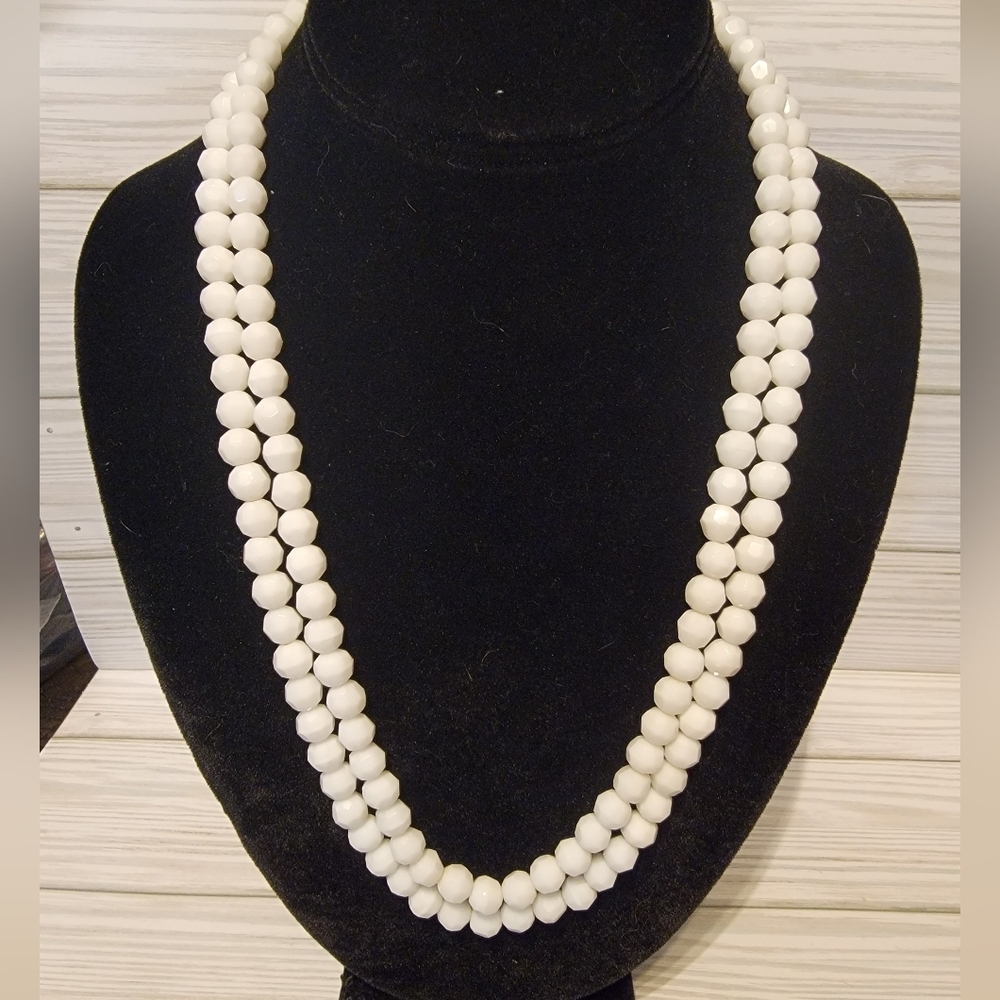 Vintage White Glass Double Strand Bead Necklace Ornate Focal Clasp 22”